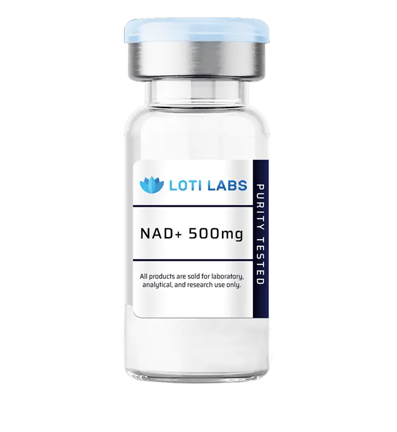 A clear glass vial labeled "LOTI LABS NAD+ 500mg, PURITY TESTED," intended for laboratory, analytical, and research use only.