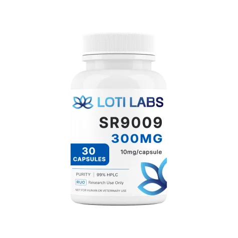 A white bottle labeled "LOTILABS SR9009 300MG, 30 capsules, 10mg/capsule, 99% purity (HPLC), Research Use Only.
