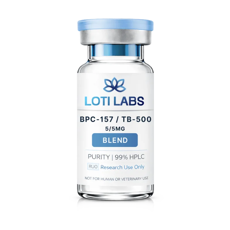 A clear vial labeled "LOTI LABS" containing BPC-157 5mg and TB-500 5mg, marked for laboratory, analytical, and research use only.