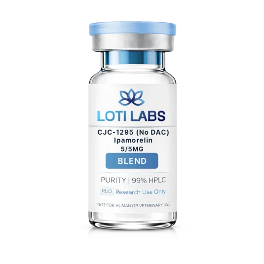 A clear vial labeled "Loti Labs" containing CJC-1295 5mg and Ipamorelin 5mg blend, for laboratory, analytical, and research use only.