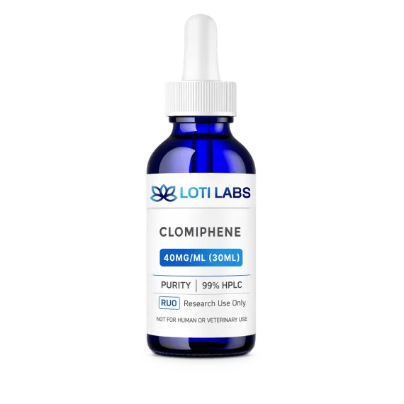A blue glass dropper bottle labeled "Loti Labs Clomiphene 40mg/ml (30ml)," intended for laboratory, analytical, and research use only.