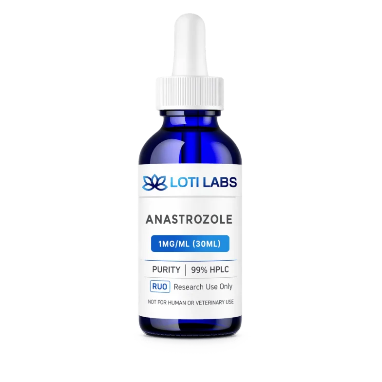 A blue dropper bottle labeled "Loti Labs Anastrozole 1 mg/mL (30 mL)" for laboratory, analytical, and research use only.