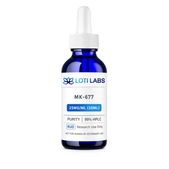 A blue dropper bottle labeled "LOTI LABS MH-677 25MG/ML (30ML)" for laboratory, analytical, and research use only.