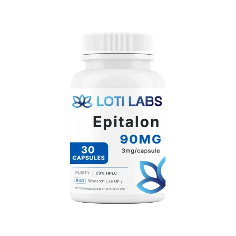 A white bottle labeled "Lotilabs Epitalon 90mg, 3mg/capsule, 30 capsules, 99% purity (HPLC), Research Use Only.