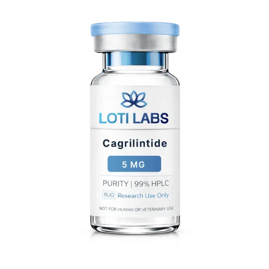 A clear vial labeled "Loti Labs Cagrilintide 5mg" with a note stating it is for laboratory, analytical, and research use only.