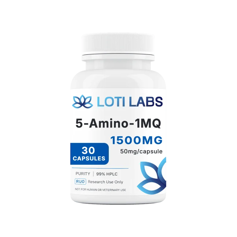 A white bottle labeled "Loti Labs 5-Amino-1MQ, 1500mg, 30 capsules, 50mg/capsule, 99% purity (HPLC), Research Use Only.